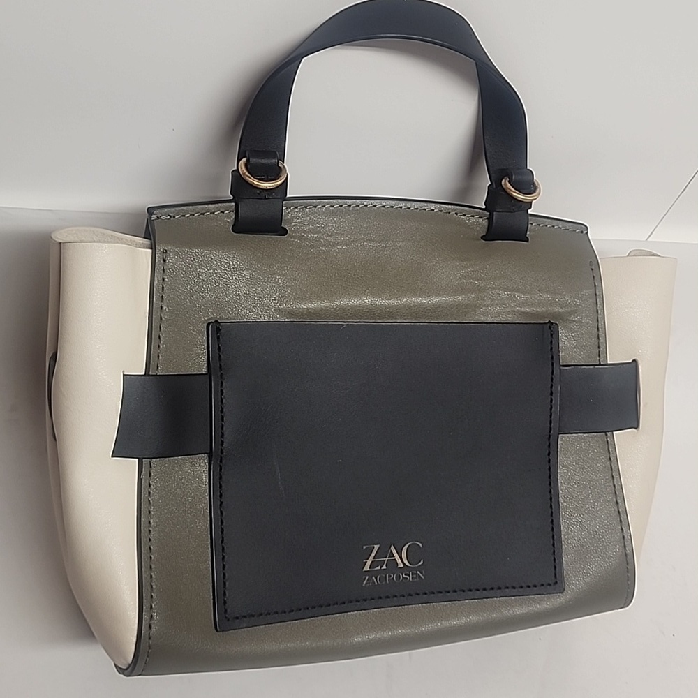 Rare ZAC Zac Posen Leather Cowhide Brigette Black, Taupe & Cream Belted Satchel